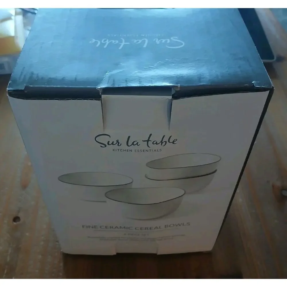 Sur La Table White w/ Black Rim Stackable Cereal Bowls, Fine Ceramic, Set Of 4
